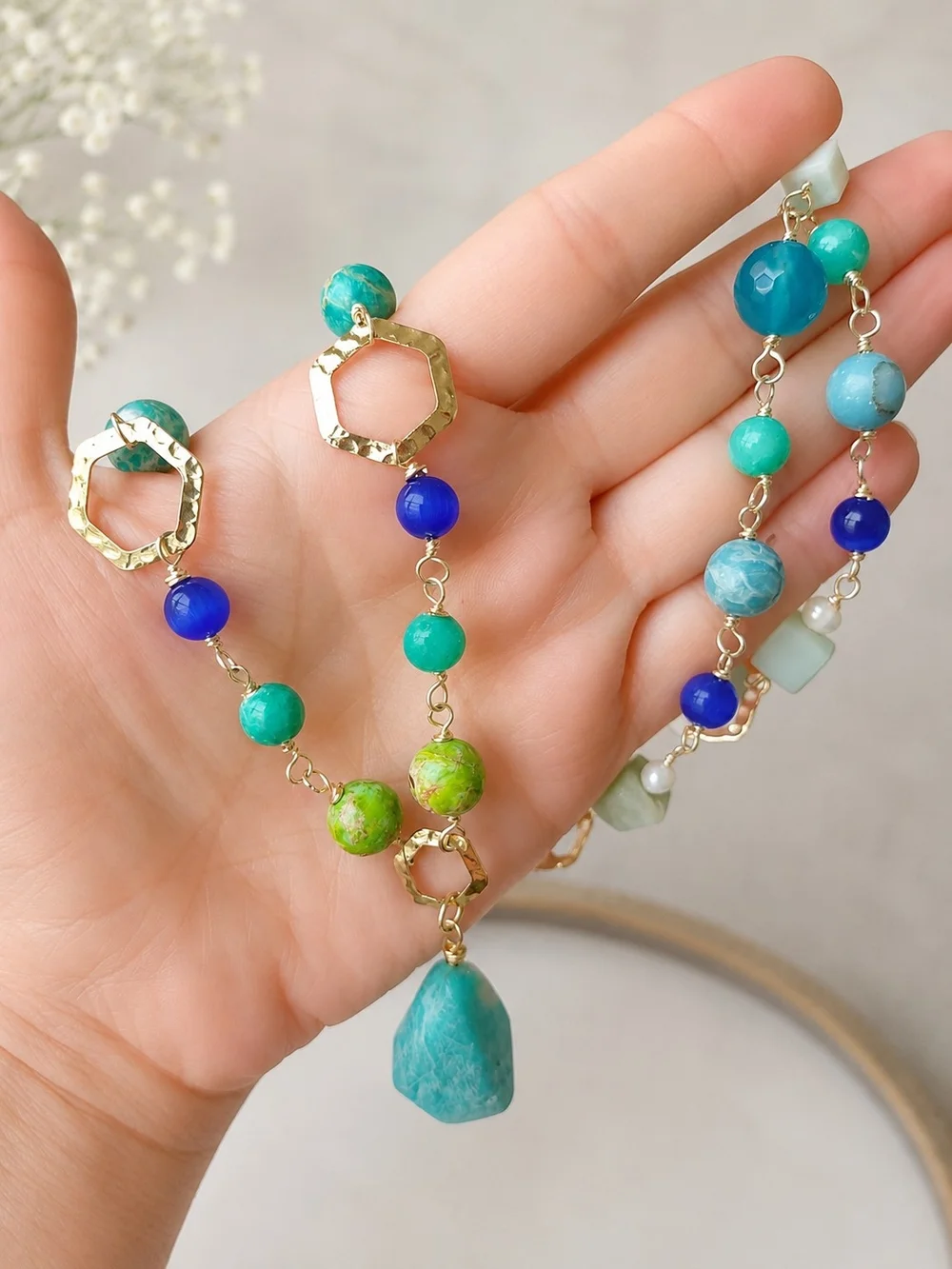 Coastal Multi-Blue Beaded Pendant Necklace -